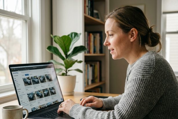 Femme consultant un site spécialisé de vente de voitures d'occasion sur son ordinateur portable à domicile
