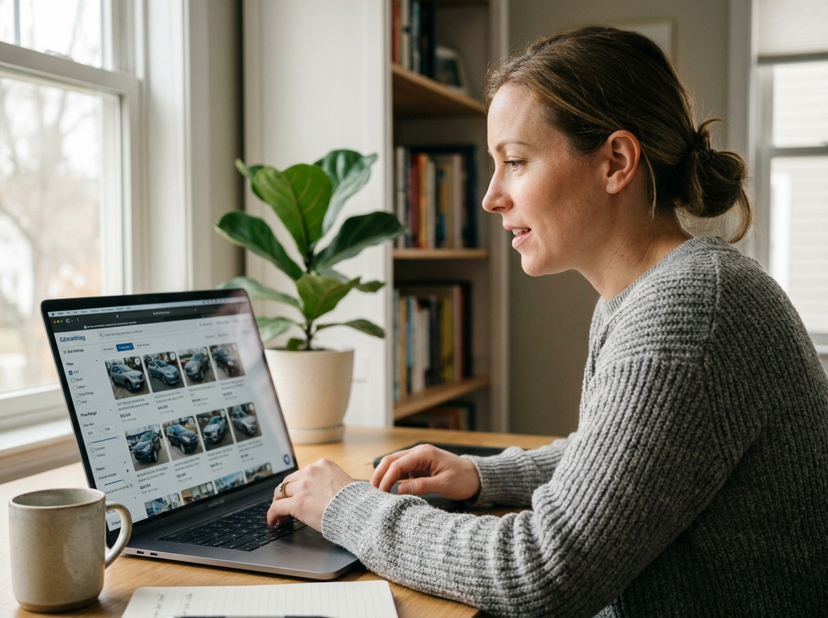 Femme consultant un site spécialisé de vente de voitures d'occasion sur son ordinateur portable à domicile