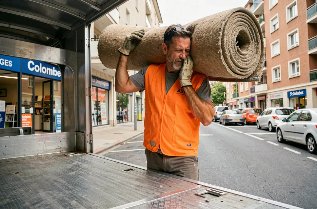 Déménageur Actadem Aux Déménageurs Discount portant un tapis roulé depuis un camion dans une rue commerçante de Colombes