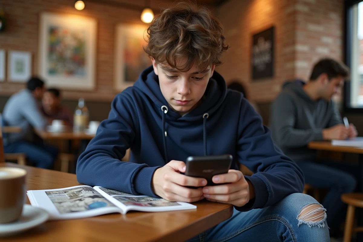 Adolescent au café regardant manga sur smartphone