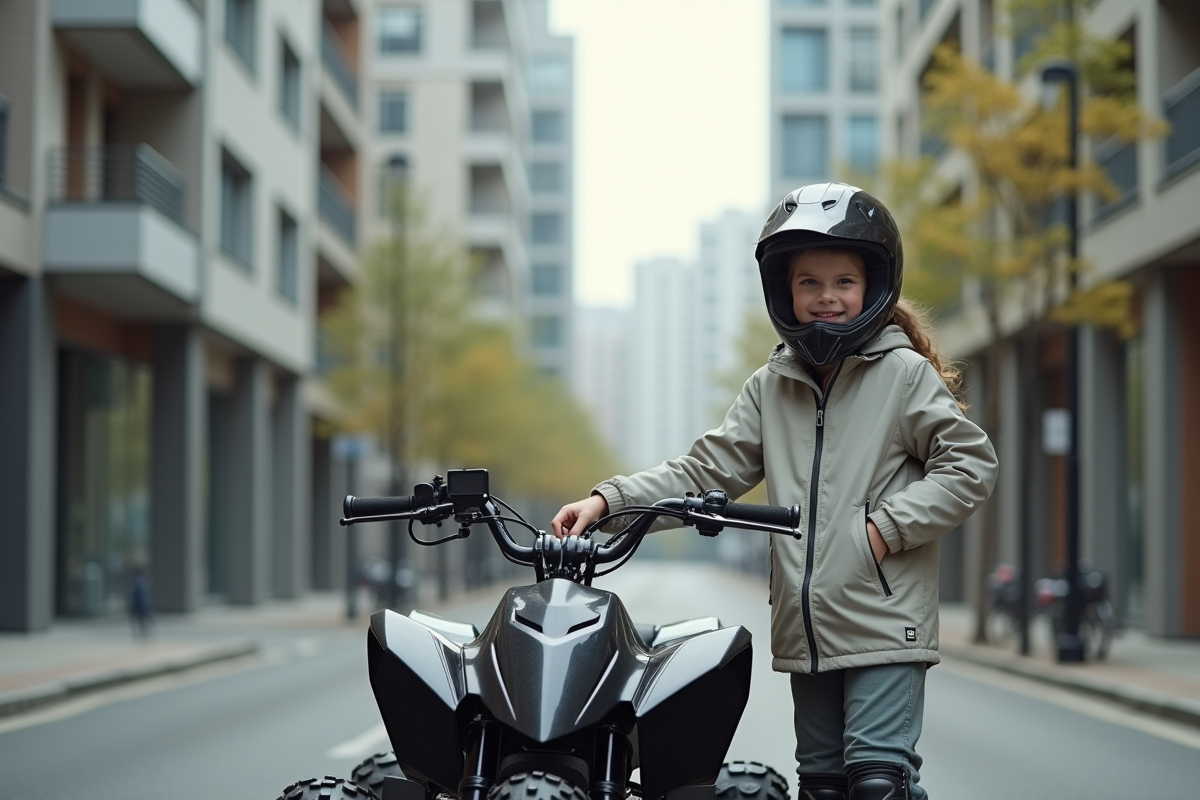 Adolescente avec casque et quad en ville