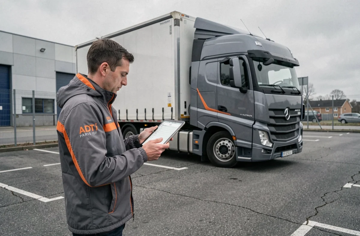 Déménageur ADT Paris Idf vérifiant un bon de transport sur tablette devant un camion dans une zone logistique de Gennevilliers