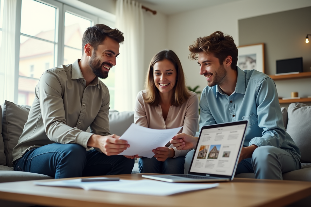 Agent immobilier montrant documents de prix à un couple dans un salon lumineux