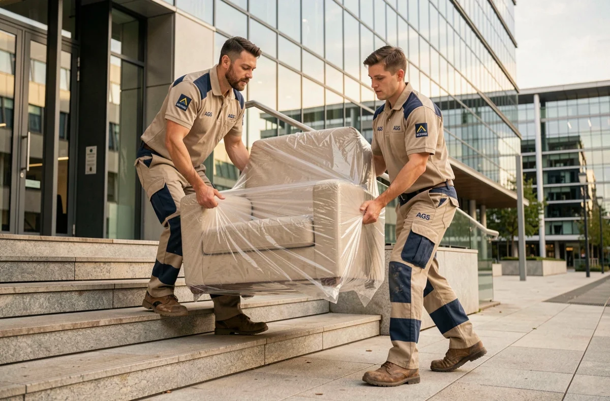 Équipe AGS Paris déménageant du mobilier professionnel dans le quartier d'affaires de La Défense