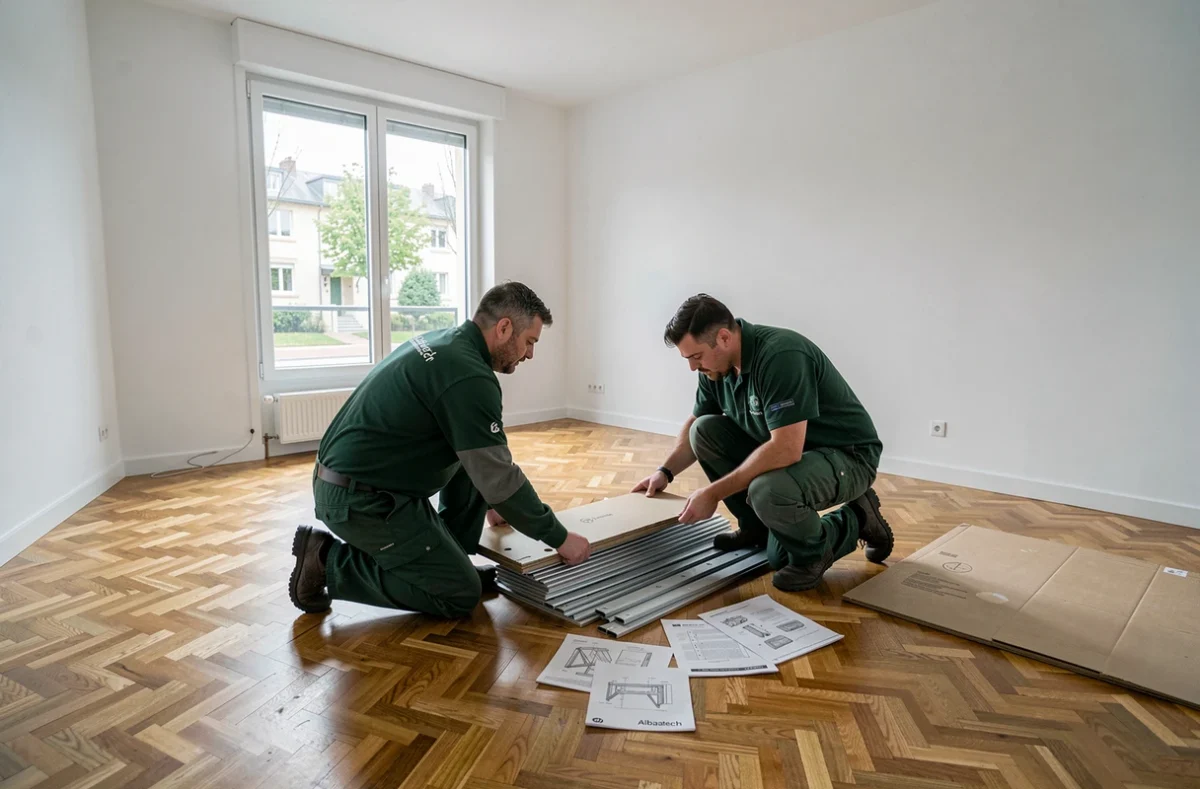 Techniciens Albatech Déménagements assemblant des meubles dans un appartement vide à Nanterre