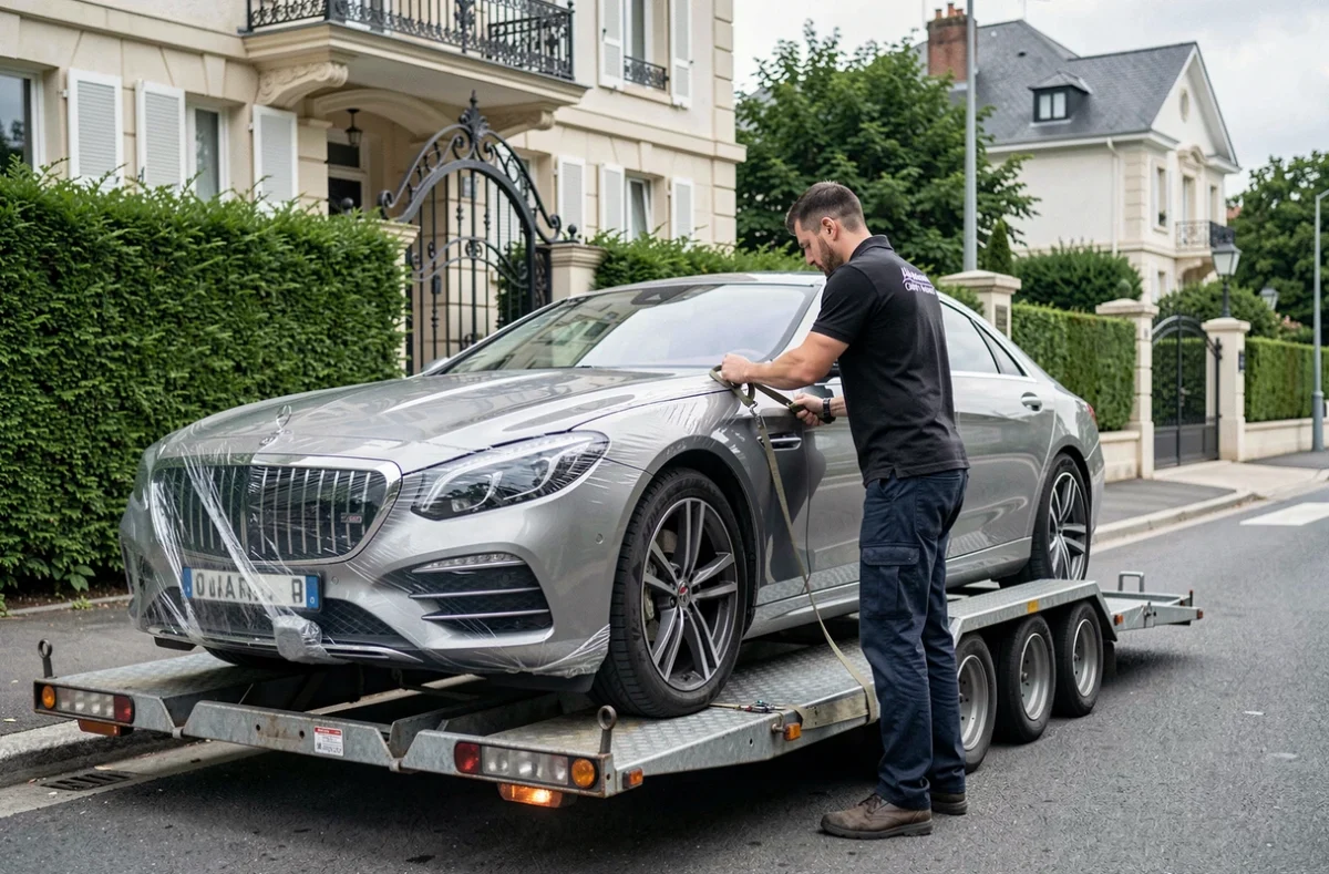 Professionnel Alliance Car Move sécurisant un véhicule sur un plateau de transport dans une banlieue résidentielle des Hauts-de-Seine