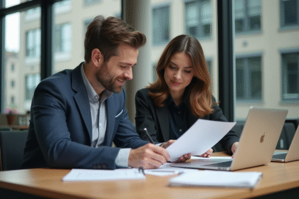 Deux amis en réunion de travail dans un espace coworking moderne