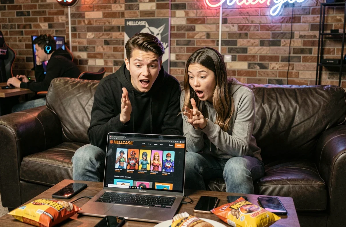 Deux amis gamers découvrant ensemble des skins sur Hellcase grâce à un code promo dans un lounge esports
