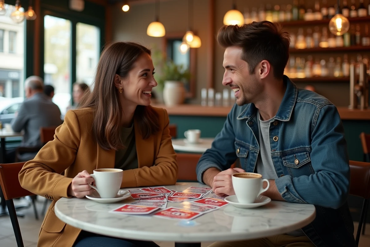 Deux amis jouant ensemble aux jeux FDJ à gratter dans un café parisien