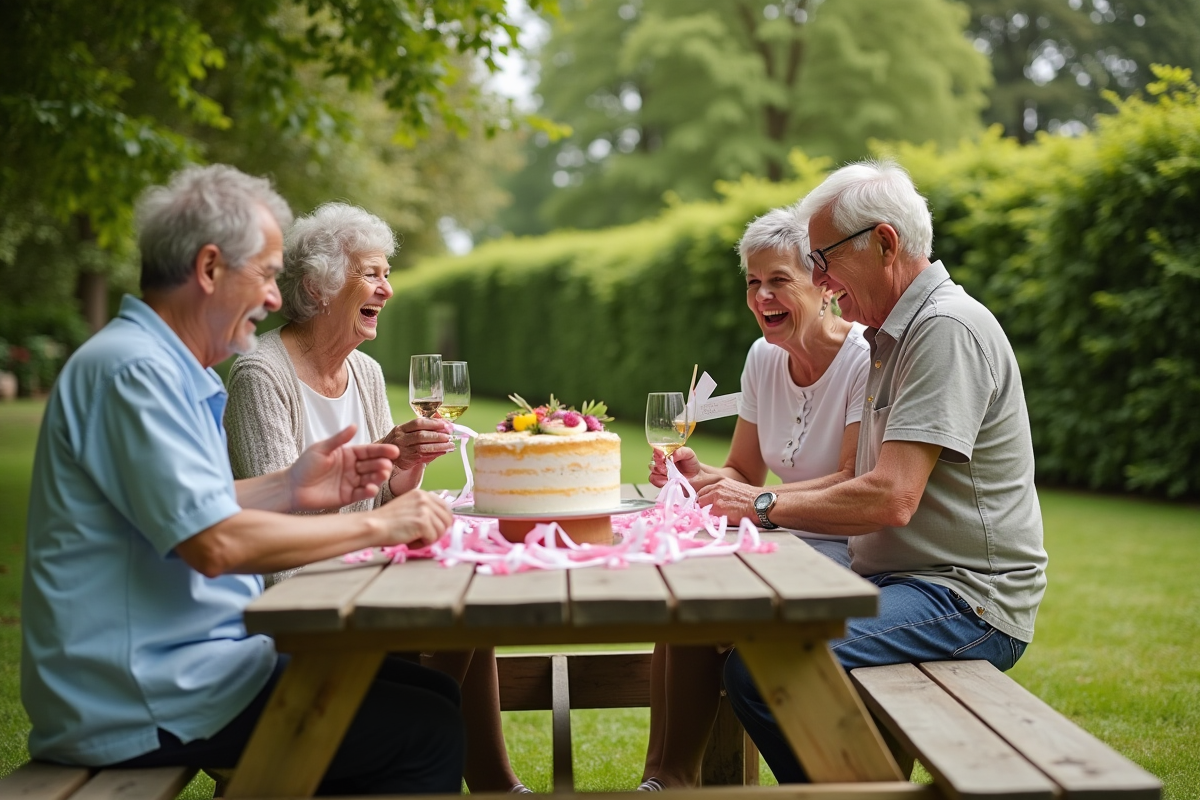 Groupe d invités célébrant un anniversaire en plein air
