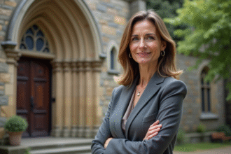 Architecte femme devant une vieille eglise en pierre avec vitraux