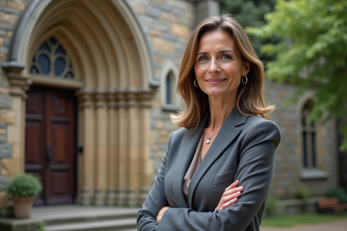 Architecte femme devant une vieille eglise en pierre avec vitraux