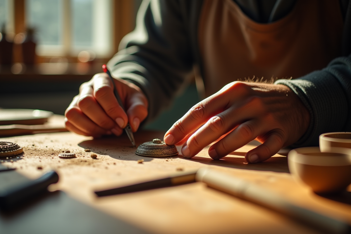 Mains d’un artisan travaillant sur un objet détaillé