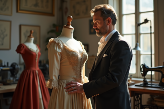 Homme en atelier couture ajustant une robe en soie ornée
