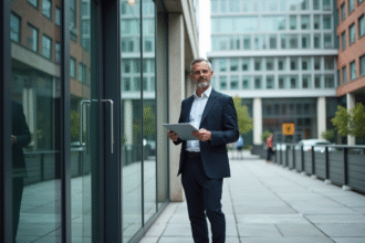 Auditeur energie urbain avec tablette devant immeuble moderne