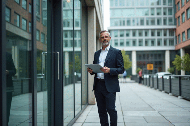 Auditeur energie urbain avec tablette devant immeuble moderne