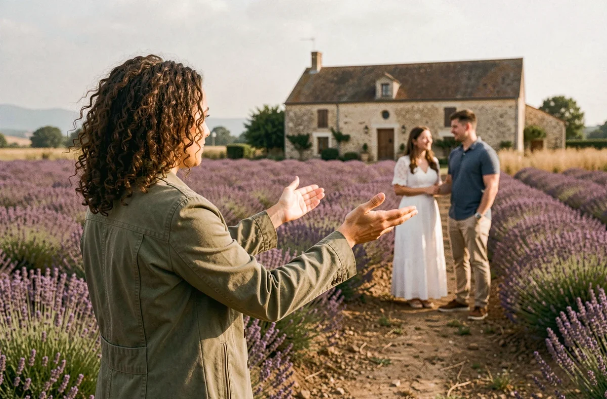 AxElena Production, photographe et vidéaste, dirigeant un couple lors d'une séance photo de fiançailles dans un champ de lavande en Tarn-et-Garonne