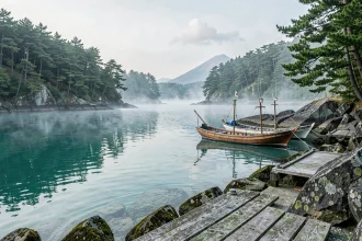 Baie japonaise paisible entourée de pins et de rochers avec des bateaux de pêche traditionnels amarrés au ponton