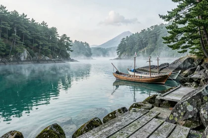 Baie japonaise paisible entourée de pins et de rochers avec des bateaux de pêche traditionnels amarrés au ponton