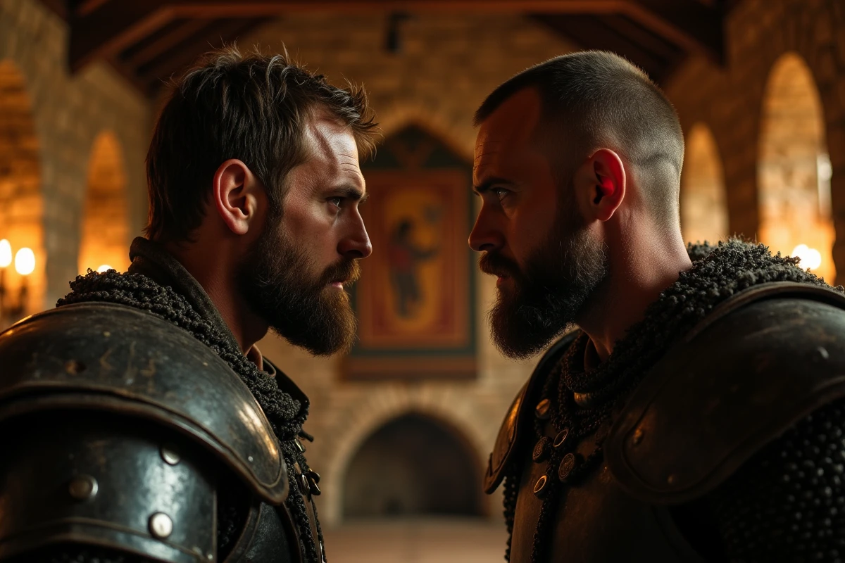 Deux guerriers vikings en confrontation dans une grande salle médiévale aux murs de pierre et aux tapisseries usées — scène dramatique évoquant les moments cultes de Bjorn dans Vikings