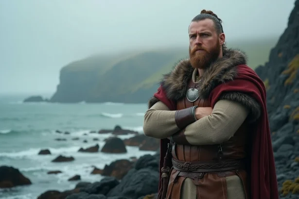 Guerrier viking debout sur une côte nordique brumeuse, vêtu d'un costume authentique en cuir et fourrure, regard déterminé — scène culte inspirée de Bjorn dans la série Vikings