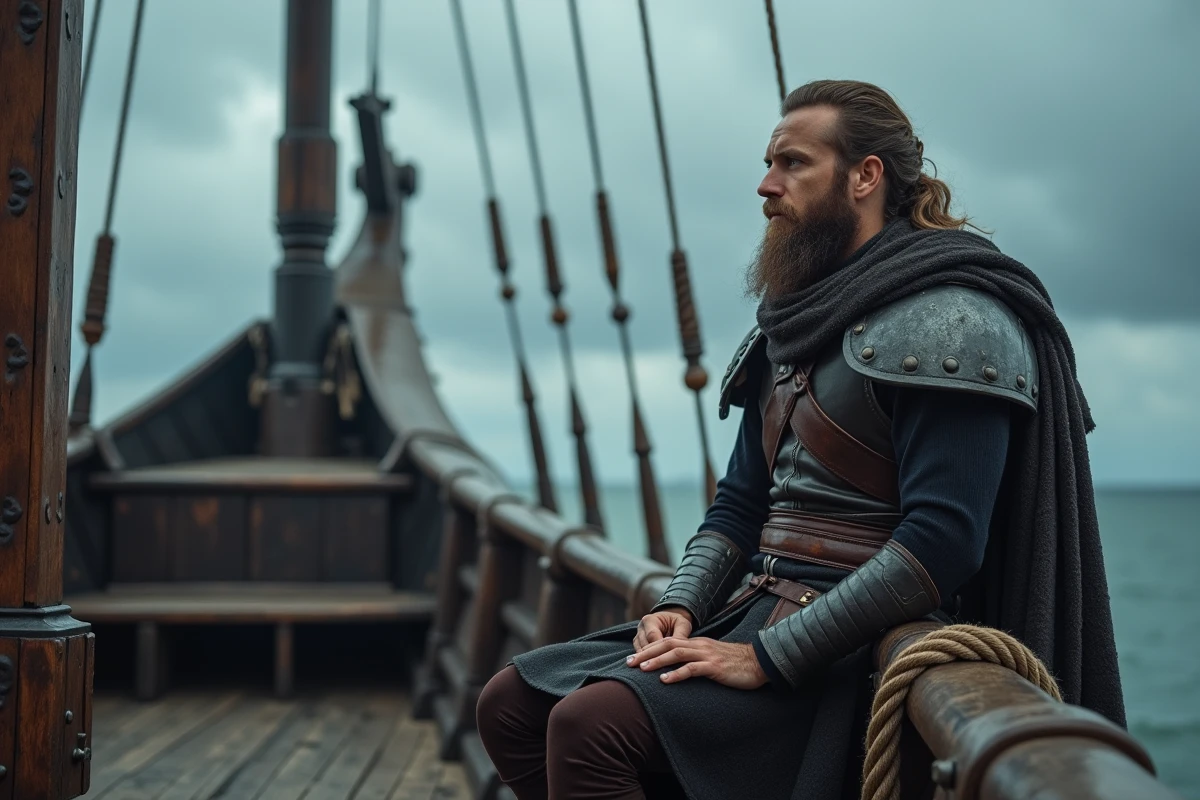 Guerrier viking pensif assis sur le pont d'un drakkar, regard tourné vers la mer grise — image évocatrice des scènes emblématiques de Bjorn Ironside dans la série Vikings