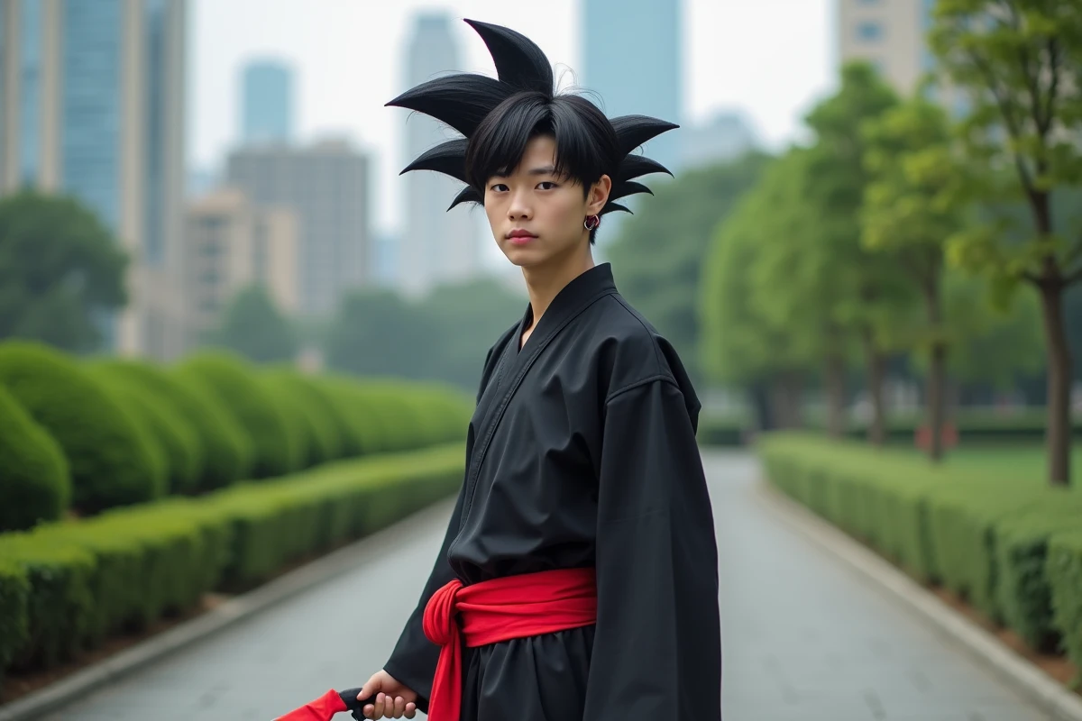 Jeune homme en cosplay Black Goku dans un parc urbain