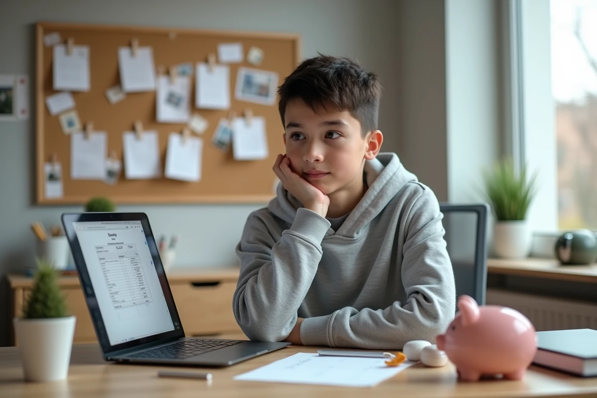 Adolescent de 16 ans planifiant son budget cadeau à son bureau avec une liste et des idées de cadeaux abordables