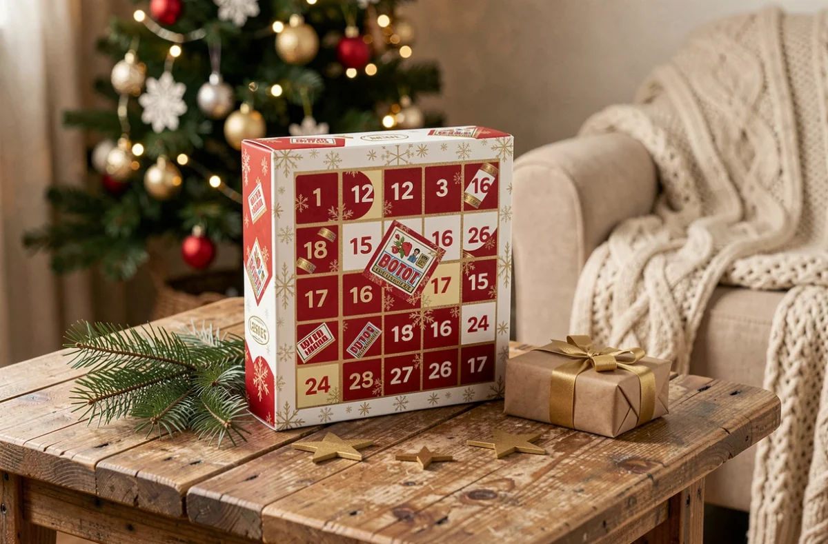 Calendrier de l'avent FDJ 2026 commandé en ligne posé sur une table en bois rustique avec des décorations de Noël dorées et un sapin en arrière-plan