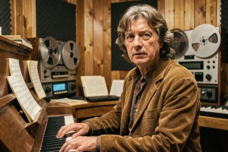 Chanteur anglais des années 70 au piano dans un studio d'enregistrement vintage, ambiance rétro authentique