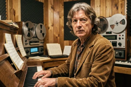 Chanteur anglais des années 70 au piano dans un studio d'enregistrement vintage, ambiance rétro authentique