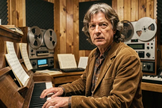 Chanteur anglais des années 70 au piano dans un studio d'enregistrement vintage, ambiance rétro authentique