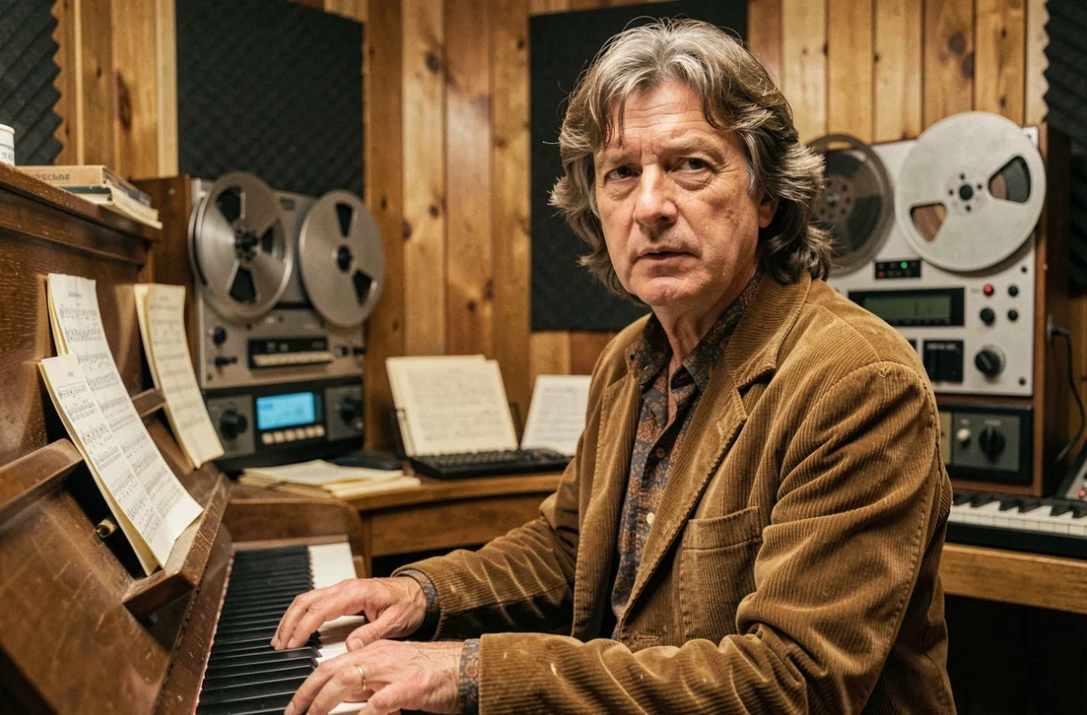 Chanteur anglais des années 70 au piano dans un studio d'enregistrement vintage, ambiance rétro authentique