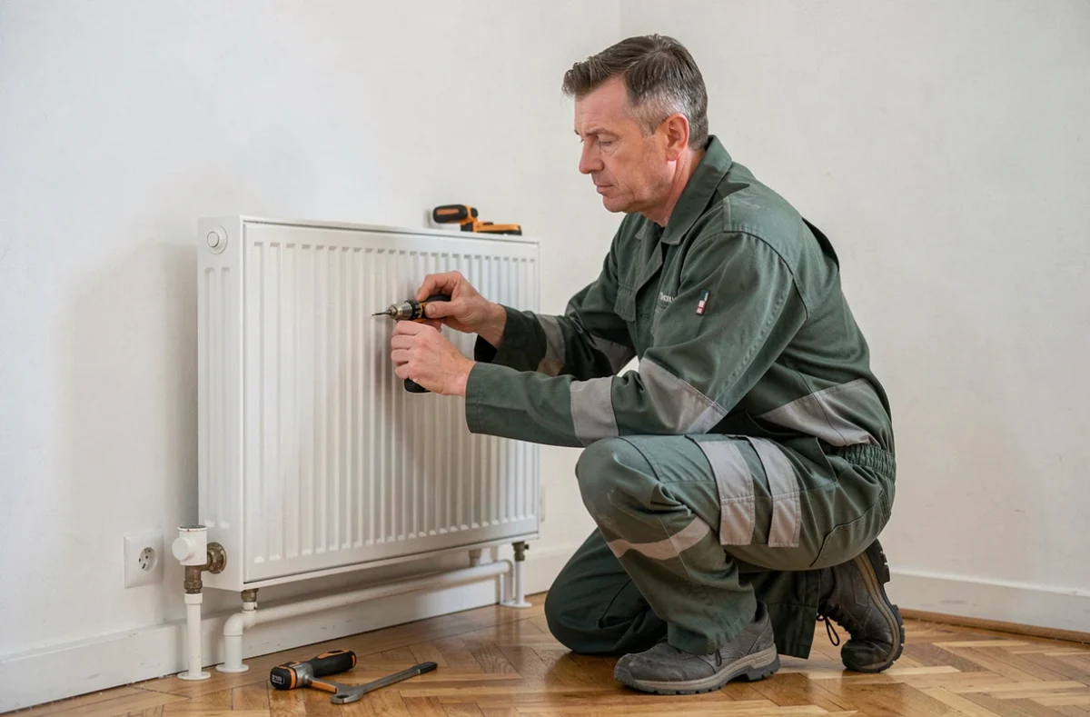 Spécialiste de Charles SARL installant un radiateur neuf dans un salon rénové en banlieue parisienne