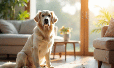 Golden retriever blanc assis dans un salon lumineux