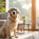 Golden retriever blanc assis dans un salon lumineux