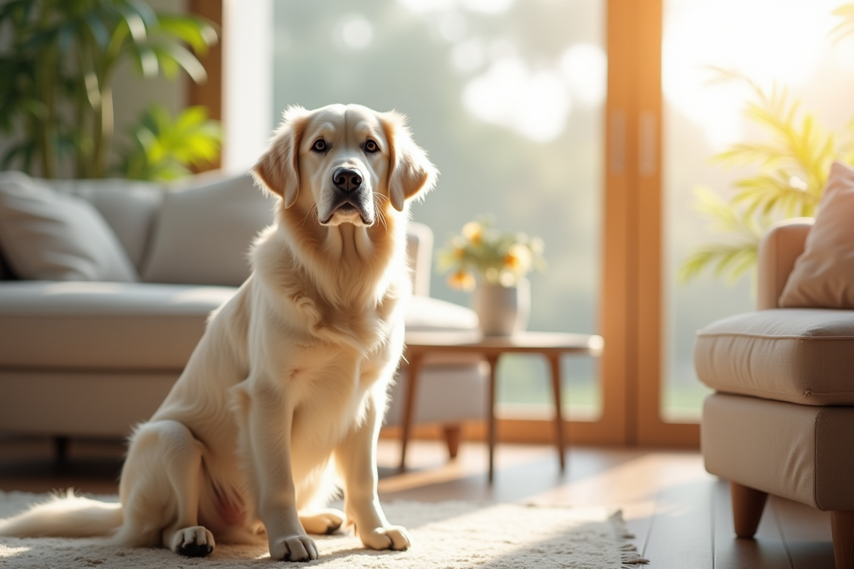 Golden retriever blanc assis dans un salon lumineux