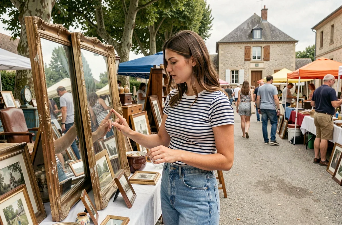 Jeune femme examinant un miroir ancien sur un stand de vide grenier dans un village du Tarn-et-Garonne