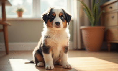 Chiot Australian Shepherd assis attentivement dans la lumière naturelle