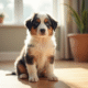 Chiot Australian Shepherd assis attentivement dans la lumière naturelle