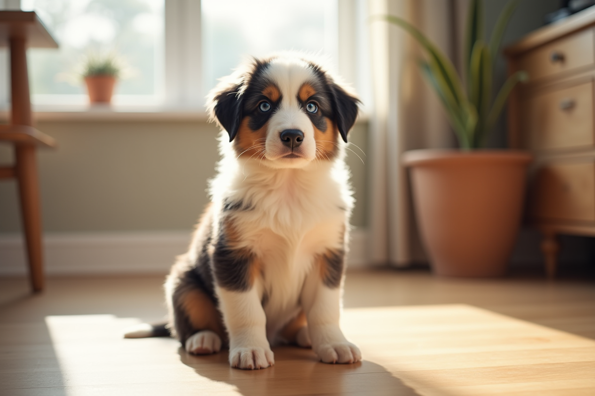 Chiot Australian Shepherd assis attentivement dans la lumière naturelle