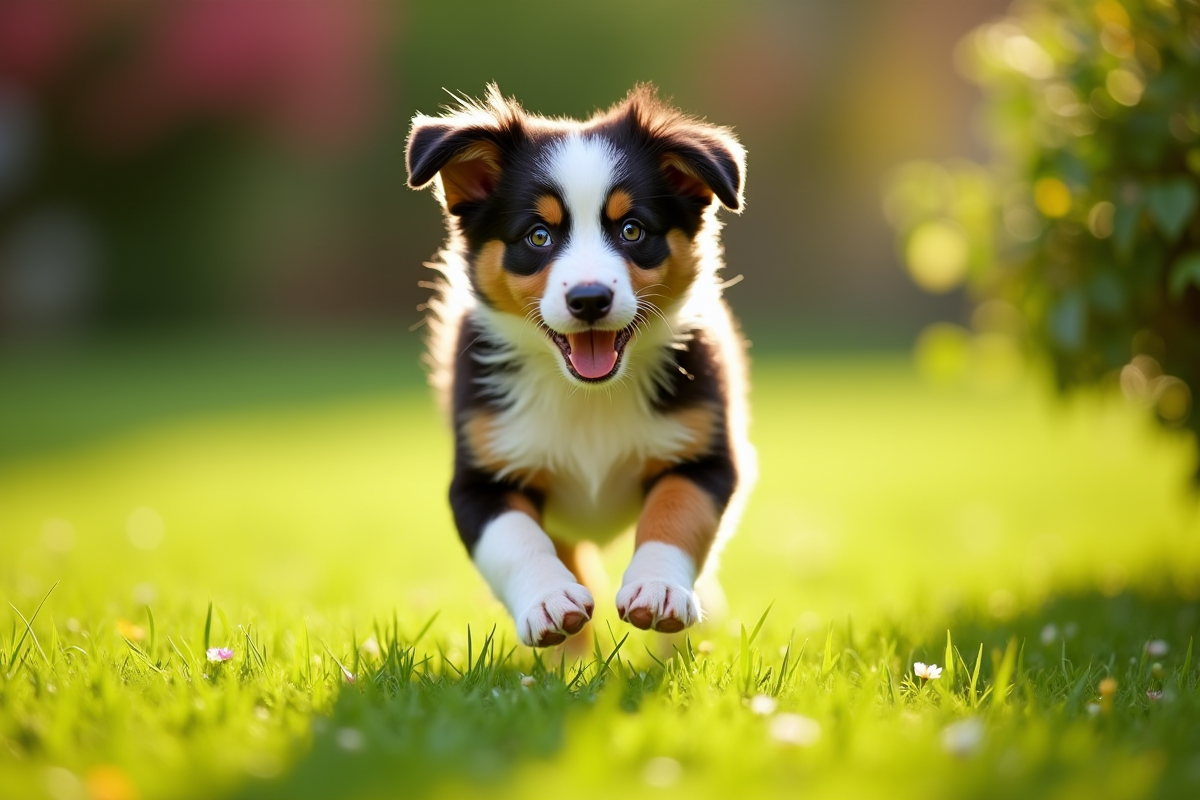 Chiot Australian Shepherd courant dans un jardin vert vif