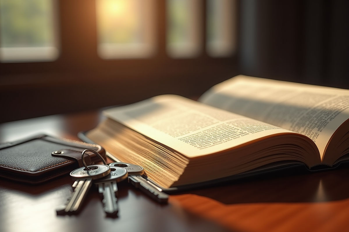 Clés classiques portefeuille et livre code civil sur bureau