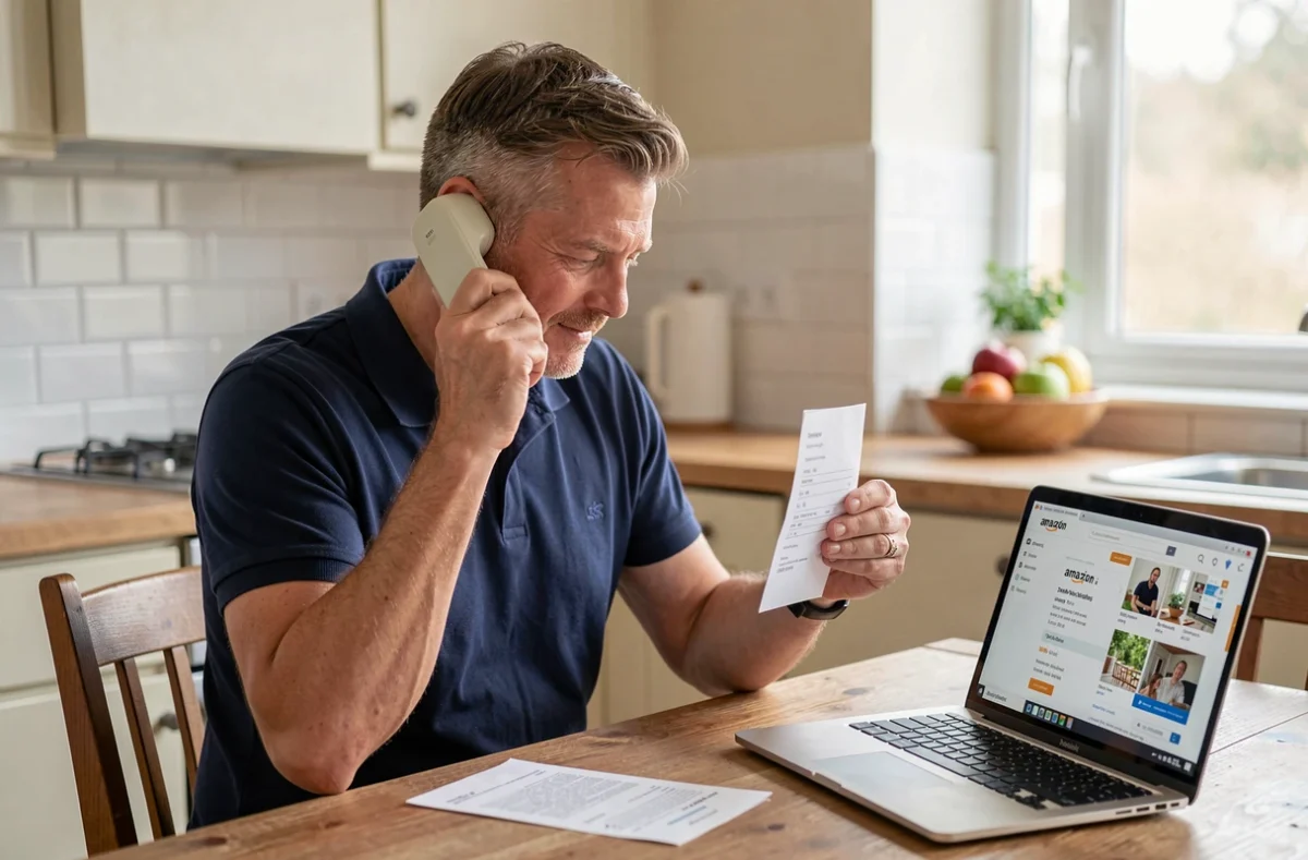 Homme au téléphone consultant un bon de livraison Amazon et son ordinateur portable dans une cuisine