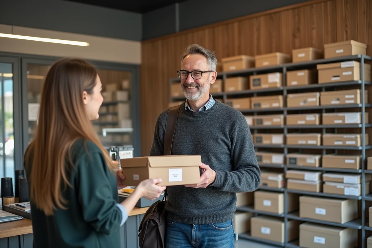 Homme remettant un colis à un commerçant dans un point relais