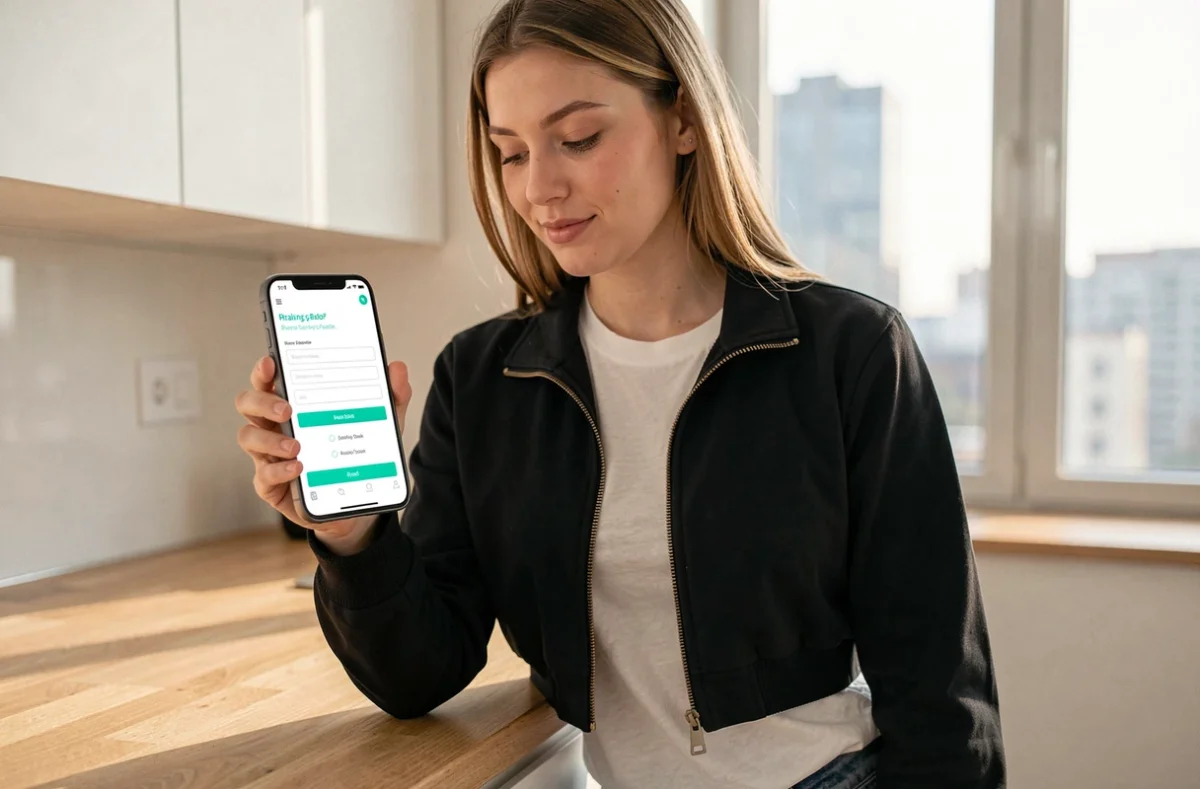 Jeune femme utilisant un code promo Hellcase sur son smartphone dans un appartement moderne