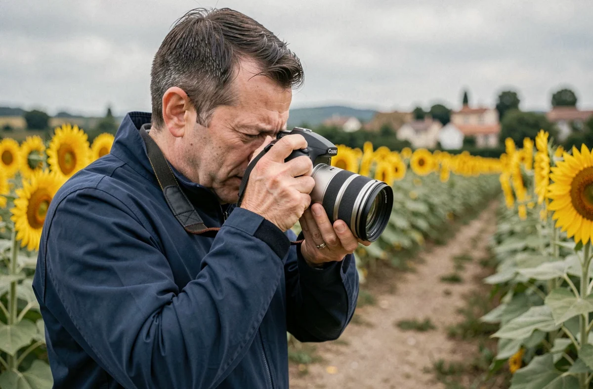Colin Philippe, photographe professionnel, lors d'une séance photo en plein air dans les champs de tournesols du Tarn-et-Garonne