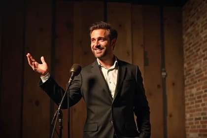 Comédien de stand-up sur scène dans un club de comédie intime, esquissant un sourire en coin face au micro vintage