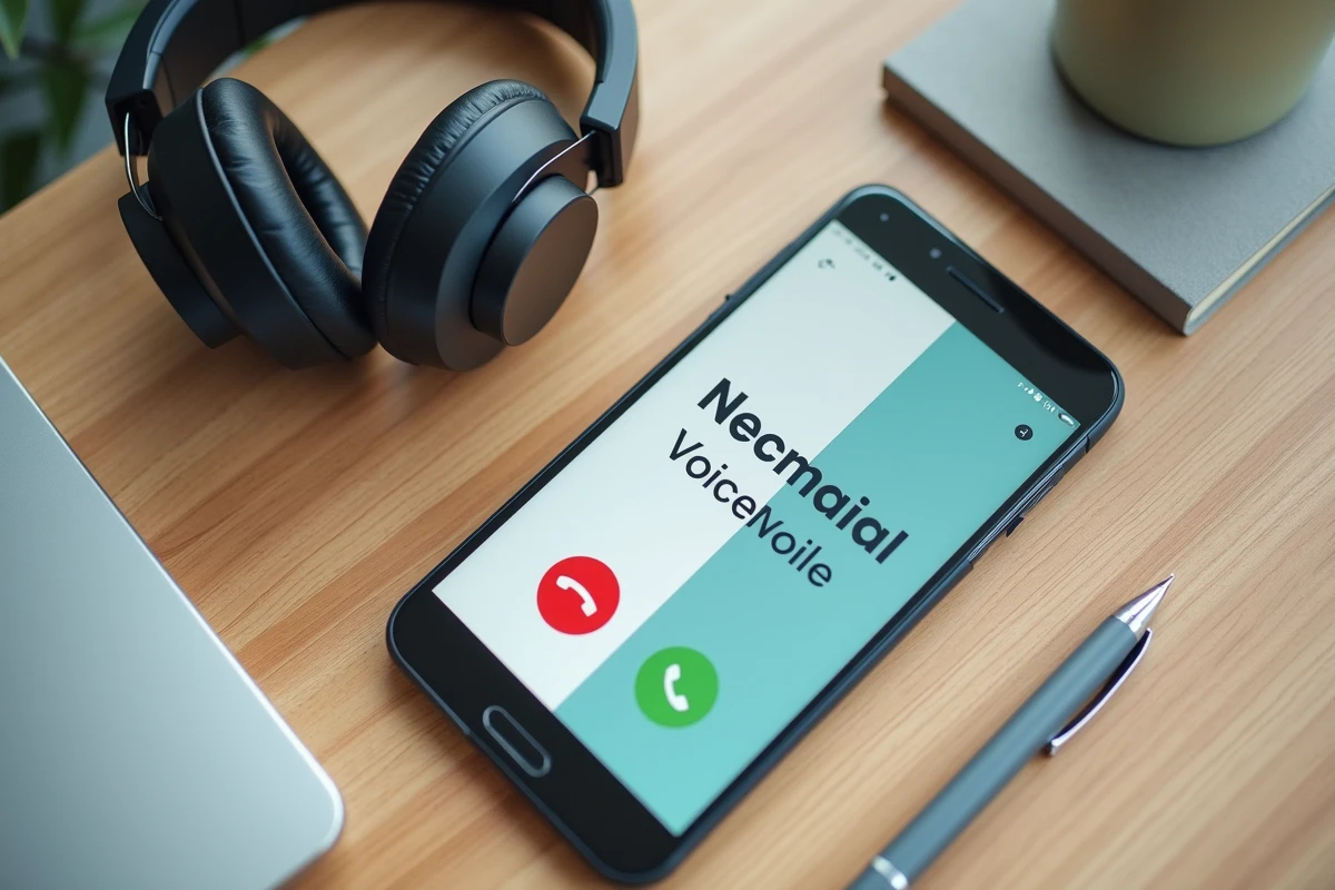 Comparaison de la messagerie vocale Free et d'une application tierce sur smartphone posé sur un bureau
