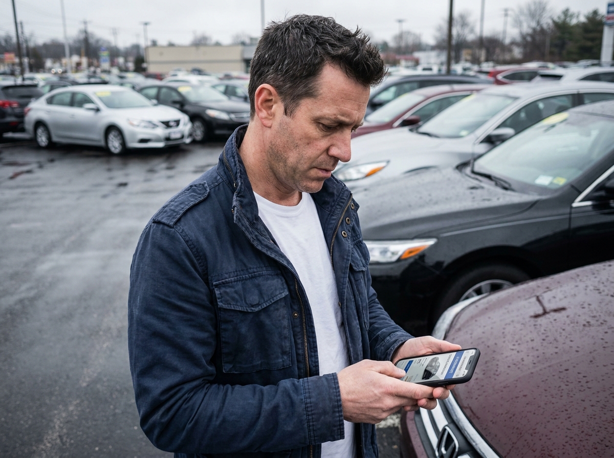 Homme comparant des offres de voitures en ligne sur smartphone dans un parc automobile